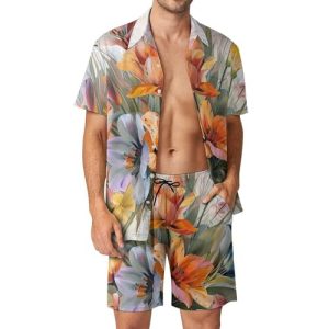 A Bouquet of Soft Flowers Mens Swimsuit 2 Pieces Set Quick Dry Shorts Shirts Summer Button Down Short Sleeve Set