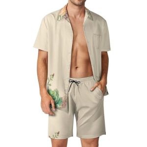 Beige Floral Border Mens Swimsuit 2 Pieces Set Quick Dry Shorts Shirts Summer Button Down Short Sleeve Set