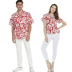 Couple Matching Hawaiian Luau Men and Women Shirts in Classic Vintage Hibiscus