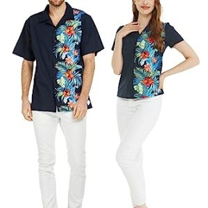 Couple Matching Hawaiian Luau Men and Women Shirts in Orchid Paradise Navy