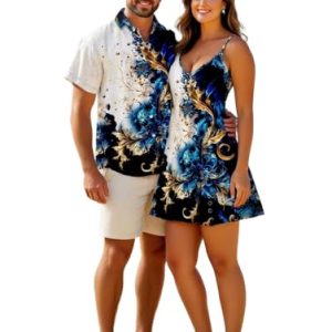 Couple Matching Hawaiian Outfits Abstract Print Sleeveless V Neck Dress or Men's Roll Up Sleeve Shirts Outfit