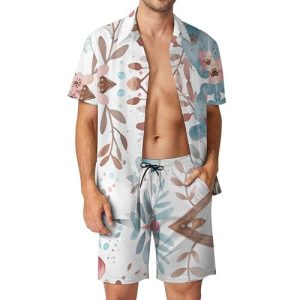 Color Peach Floral Mens Swimsuit 2 Pieces Set Quick Dry Shorts Shirts Summer Button Down Short Sleeve Set