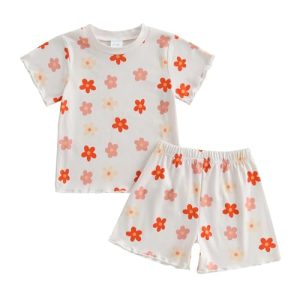 Toddler Baby Girls Summer Clothes Floral Crewneck Short Sleeve T-Shirts Tops Ruffle Shorts Cute Outfits Set 6M-4T