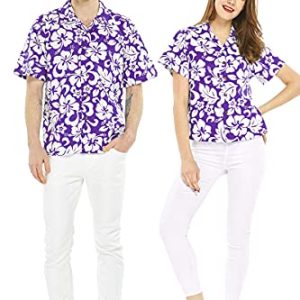Couple Matching Hawaiian Luau Men and Women Shirts in Classic Vintage Hibiscus