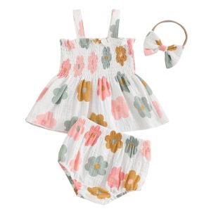 Baby Girl Summer Clothes Cute Floral Smocked Sleeveless Tank Top Bloomber Shorts with Bow Headband Casual Outfit Set