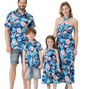 Family Matching Summer Outfits, Hawaiian Vacation Women Beach Dress, Girls Sundress, Men and Boys Button Down Shirt